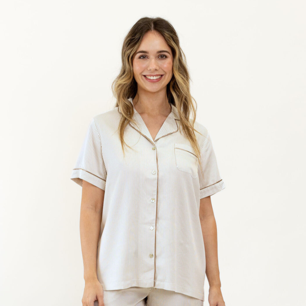 Ivy Bamboo Shirt - Mocha Stripe