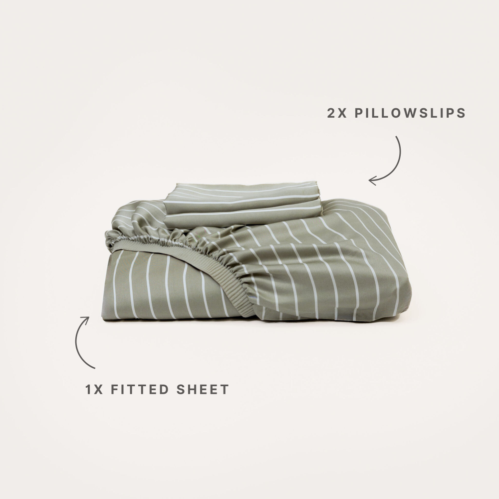 Bamboo Fitted Sheet & Pillowslips - Olive Stripe